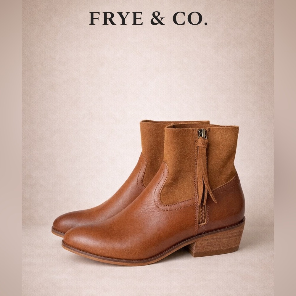 FRYE & CO. COGNAC RUBIE LEATHER Round Toe BOOTIES